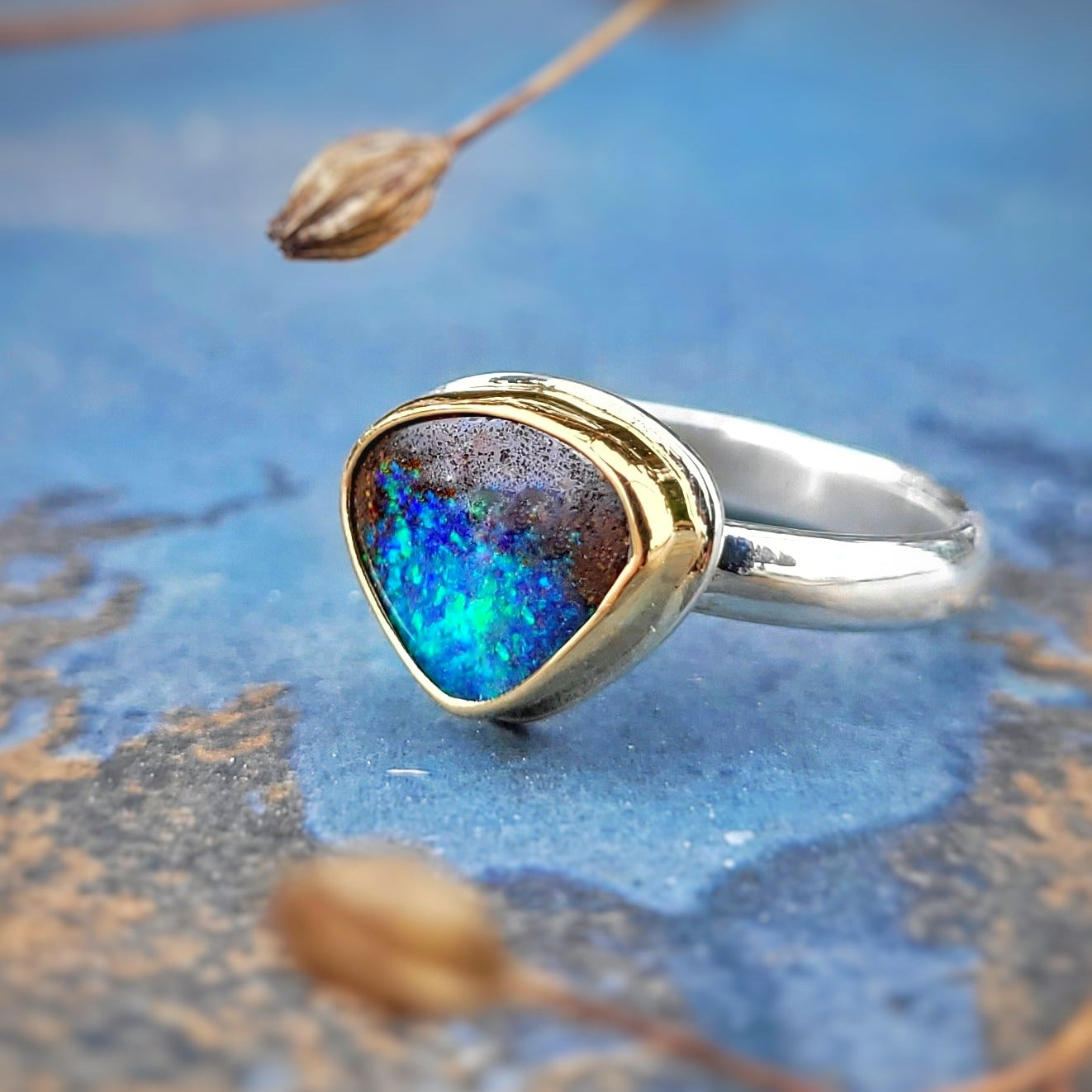 Opale Boulder d'Australie Or jaune 750 millièmes et Argent 925